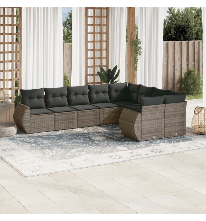 Salon de jardin 9 pcs avec coussins gris résine tressée | Mobilier & Déco