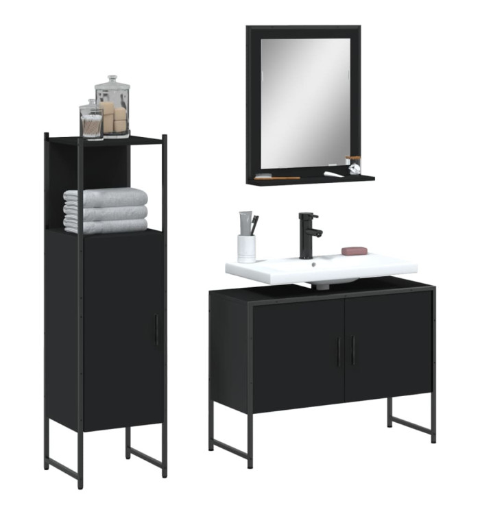 Ensemble d'armoires salle de bain 3 pcs noir bois d'ingénierie | Mobilier & Déco