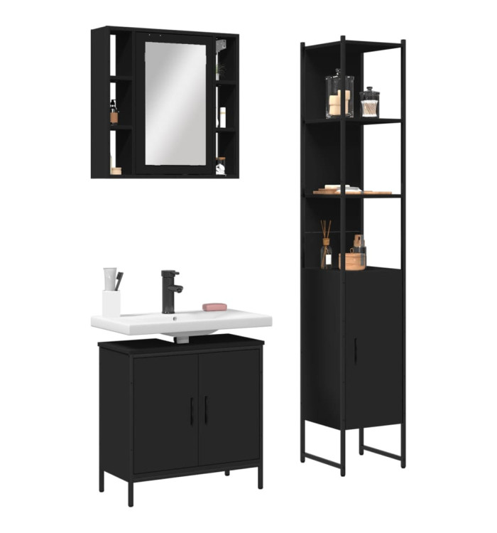 Ensemble d'armoires salle de bain 3 pcs noir bois d'ingénierie | Mobilier & Déco