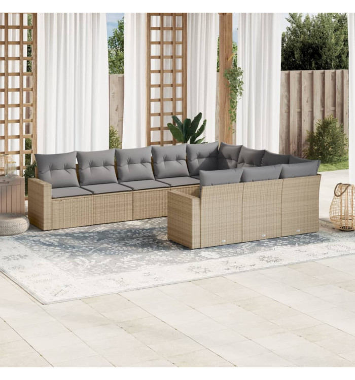 Salon de jardin avec coussins 10 pcs beige résine tressée | Mobilier & Déco