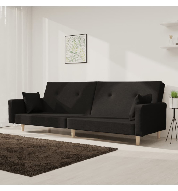 Canapé-lit à 2 places avec deux oreillers noir tissu | Mobilier & Déco