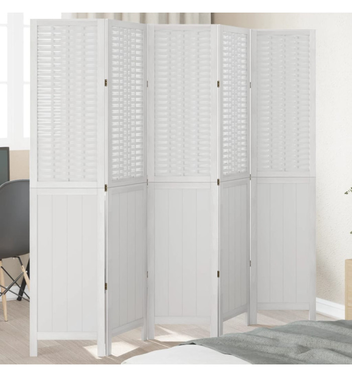 Cloison de séparation 5 panneaux blanc bois de paulownia massif | Mobilier & Déco