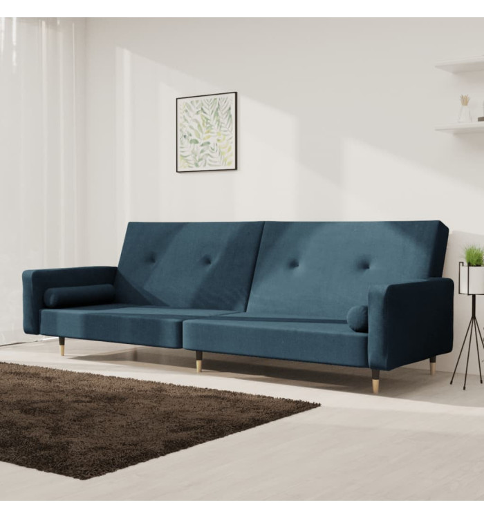 Canapé-lit à 2 places avec deux oreillers bleu velours | Mobilier & Déco