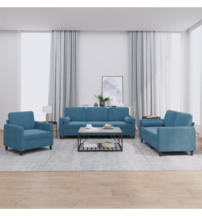 Ensemble de canapés 3 pcs avec coussins bleu velours | Mobilier & Déco