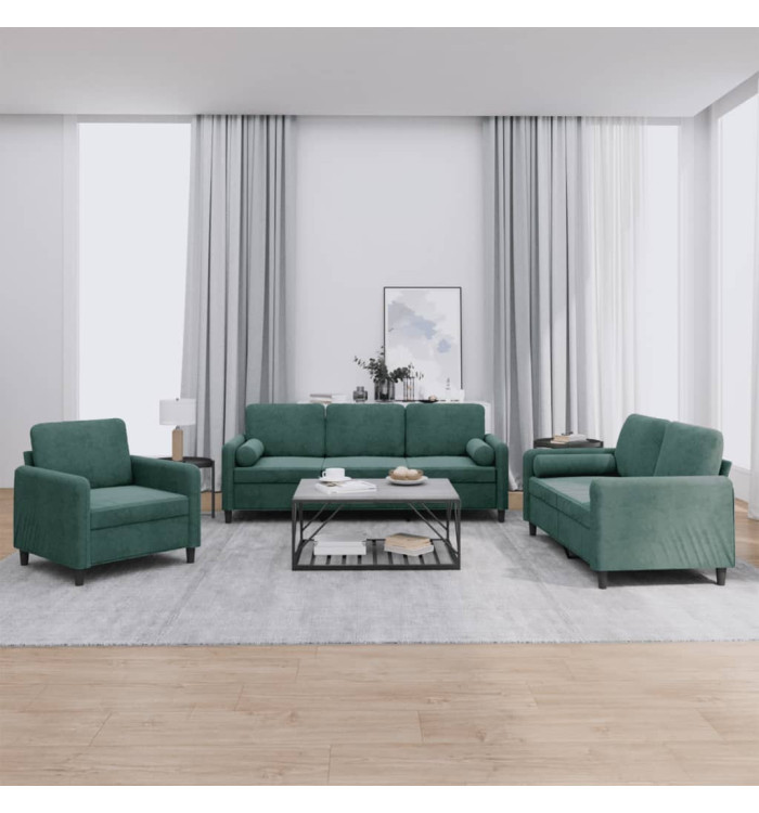 Ensemble de canapés 3 pcs avec coussins vert foncé velours | Mobilier & Déco