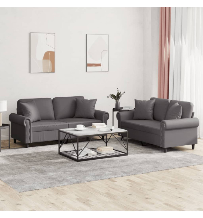Ensemble de canapés 2 pcs avec coussins gris similicuir | Mobilier & Déco
