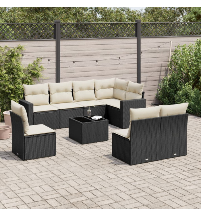Salon de jardin 9 pcs avec coussins noir résine tressée | Mobilier & Déco