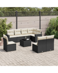 Salon de jardin 9 pcs avec coussins noir résine tressée | Mobilier & Déco