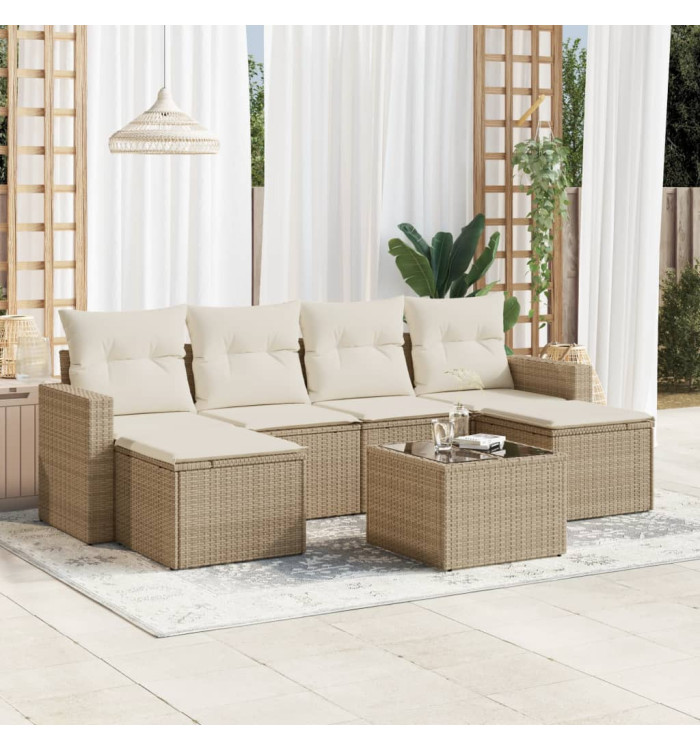 Salon de jardin avec coussins 7 pcs beige résine tressée | Mobilier & Déco