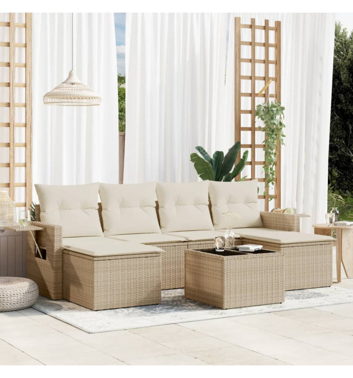 Salon de jardin avec coussins 7 pcs beige résine tressée | Mobilier & Déco