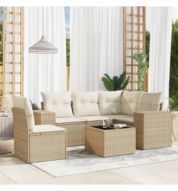Salon de jardin avec coussins 6 pcs beige résine tressée | Mobilier & Déco