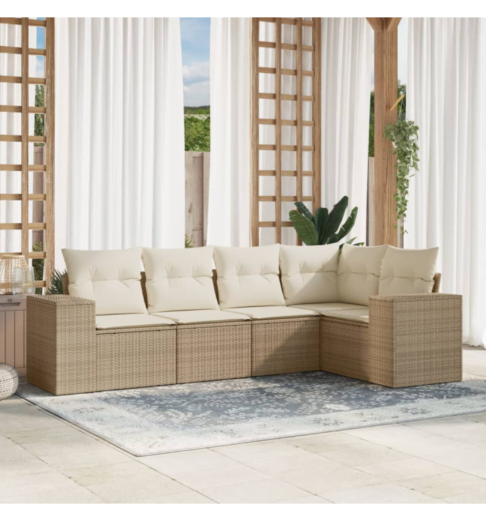 Salon de jardin avec coussins 5 pcs beige résine tressée | Mobilier & Déco