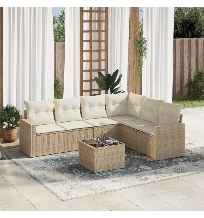 Salon de jardin avec coussins 7 pcs beige résine tressée | Mobilier & Déco