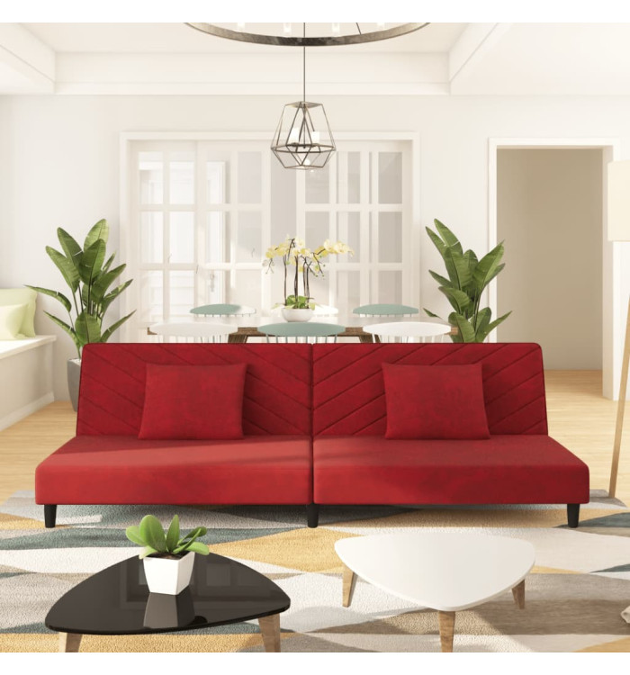 Canapé-lit à 2 places et deux oreillers Rouge bordeaux Velours | Mobilier & Déco