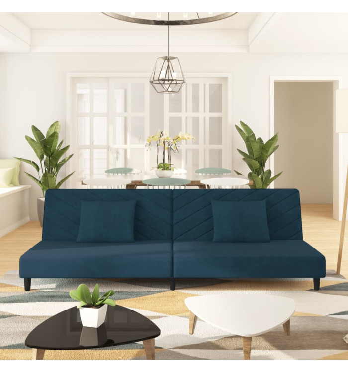 Canapé-lit à 2 places avec deux oreillers bleu velours | Mobilier & Déco