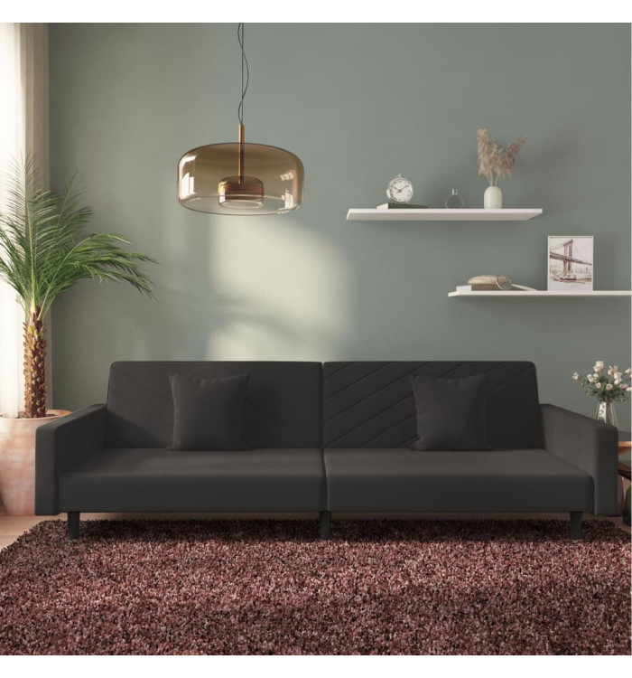 Canapé-lit à 2 places avec deux oreillers Noir Velours | Mobilier & Déco