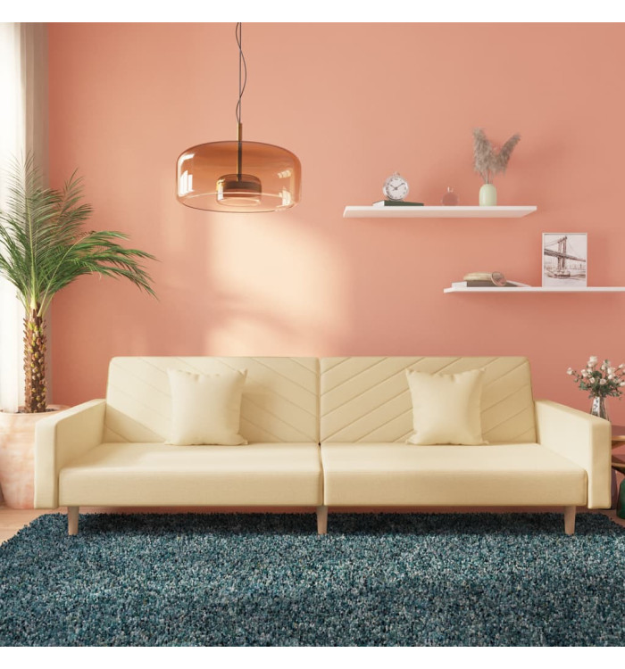 Canapé-lit à 2 places avec deux oreillers crème tissu | Mobilier & Déco