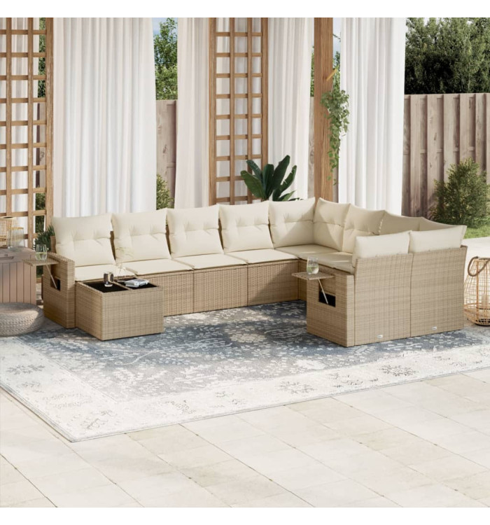 Salon de jardin avec coussins 10 pcs beige résine tressée | Mobilier & Déco