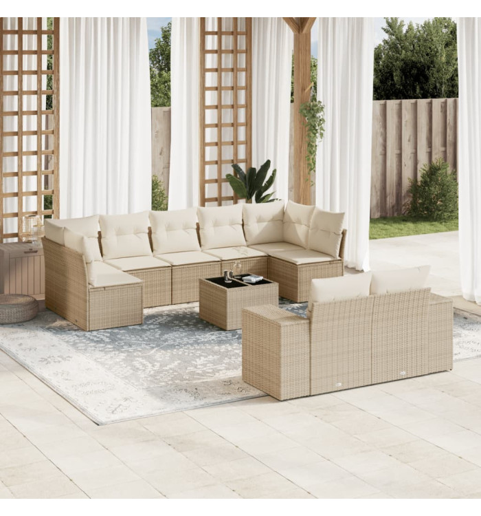 Salon de jardin avec coussins 10 pcs beige résine tressée | Mobilier & Déco