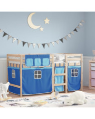 Lit mezzanine enfants avec rideaux sans matelas bleu 90x190 cm | Mobilier & Déco