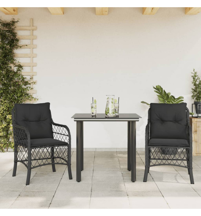 Ensemble de bistro 3 pcs avec coussins noir résine tressée | Mobilier & Déco