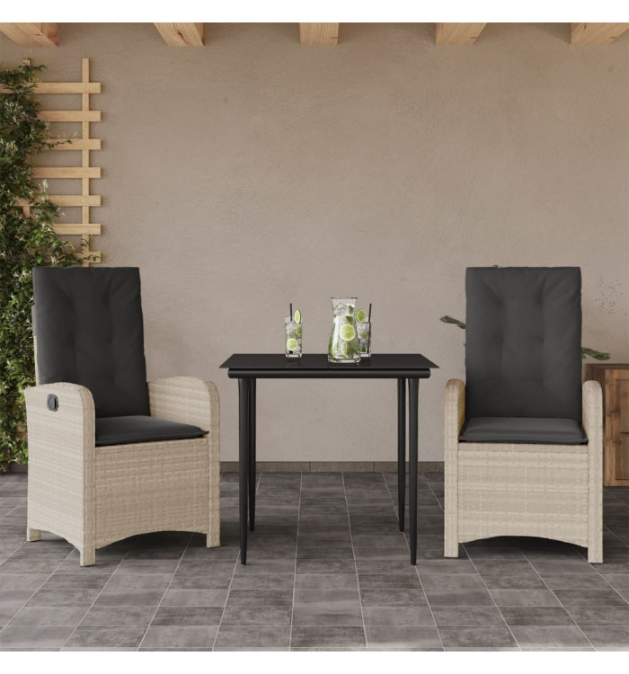 Ensemble à manger de jardin 3pcs coussins gris clair poly rotin | Mobilier & Déco