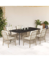 Ensemble à manger de jardin et coussins 7 pcs beige poly rotin | Mobilier & Déco