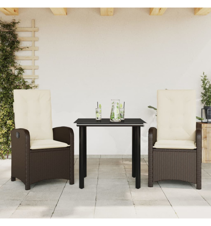 Ensemble à manger de jardin 3 pcs et coussins marron poly rotin | Mobilier & Déco