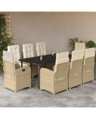 Ensemble à manger de jardin et coussins 9 pcs beige Poly rotin | Mobilier & Déco