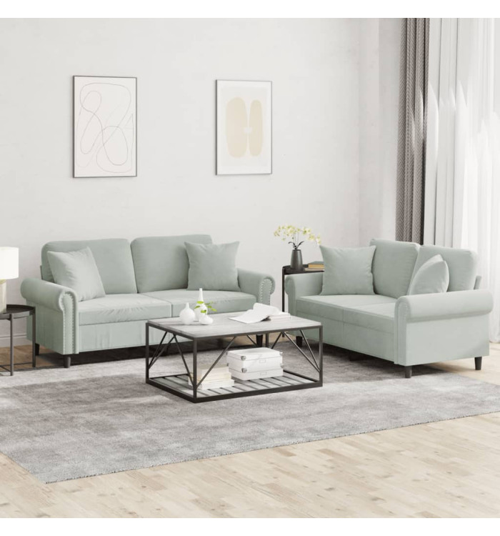 Ensemble de canapés 2 pcs avec coussins gris clair velours | Mobilier & Déco