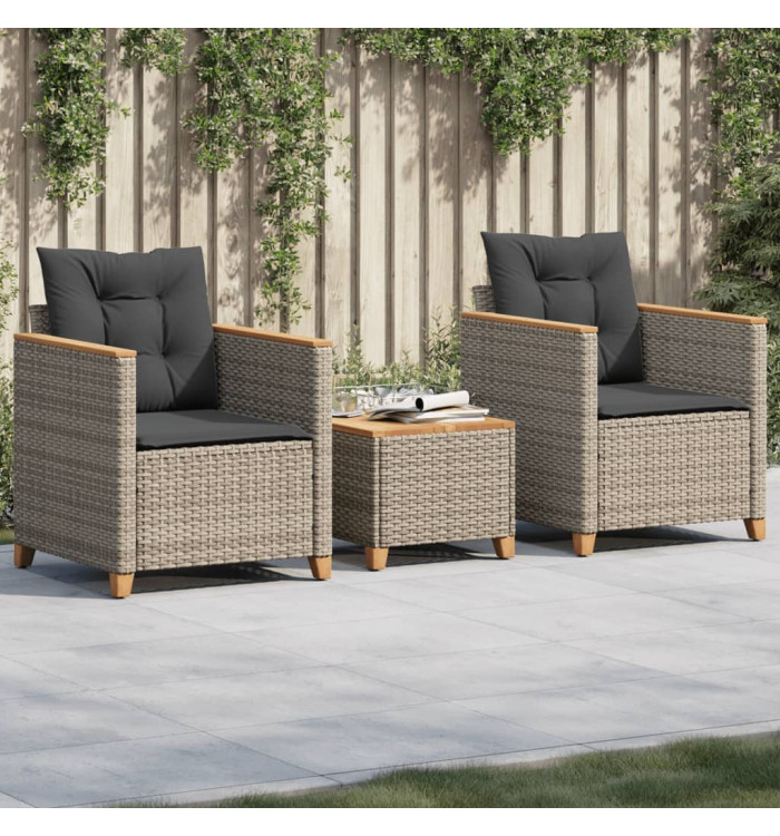 Ensemble de bistro 3 pcs et coussins gris résine tressée acacia | Mobilier & Déco