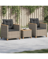 Ensemble de bistro 3 pcs et coussins gris résine tressée acacia | Mobilier & Déco