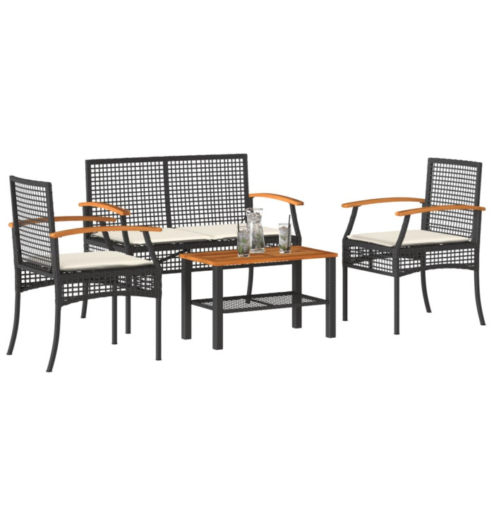 Salon de jardin 4 pcs avec coussins Noir Résine tressée | Mobilier & Déco