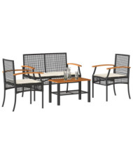 Salon de jardin 4 pcs avec coussins Noir Résine tressée | Mobilier & Déco