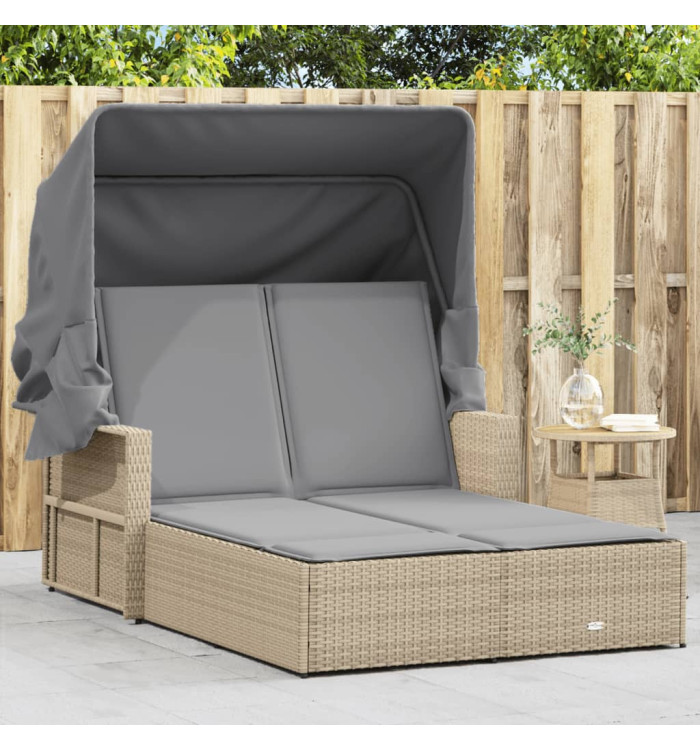 Chaise longue double et auvent et coussins mélange beige rotin | Mobilier & Déco