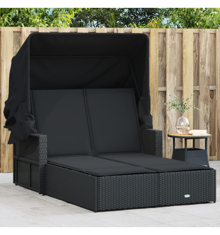 Chaise longue double et auvent et coussins noir résine tressée | Mobilier & Déco