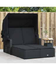 Chaise longue double et auvent et coussins noir résine tressée | Mobilier & Déco