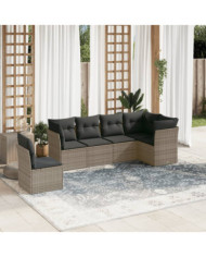 Salon de jardin 6 pcs avec coussins gris résine tressée | Mobilier & Déco