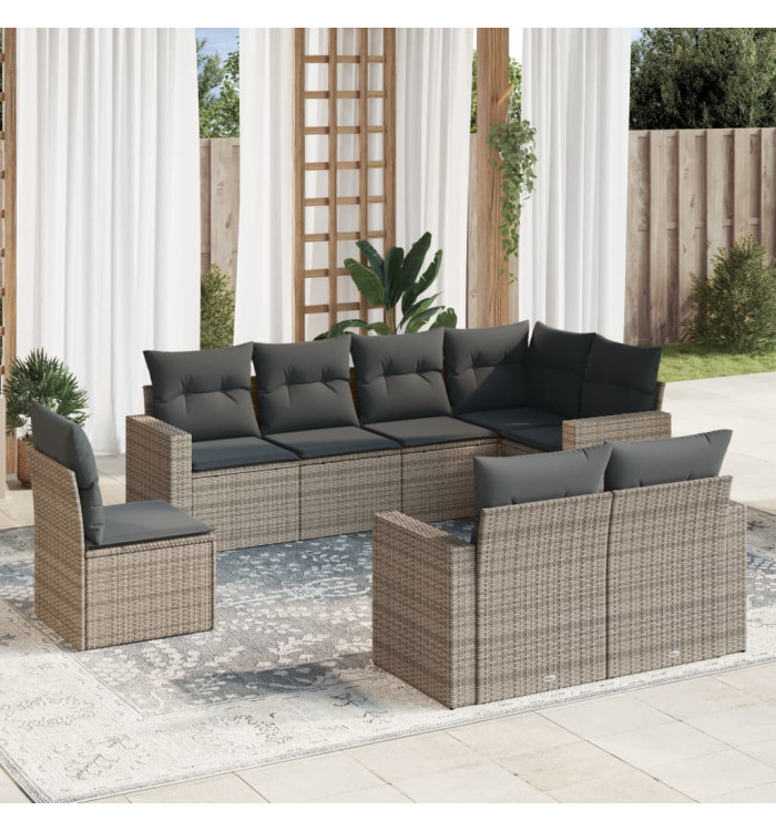 Salon de jardin 8 pcs avec coussins gris résine tressée | Mobilier & Déco