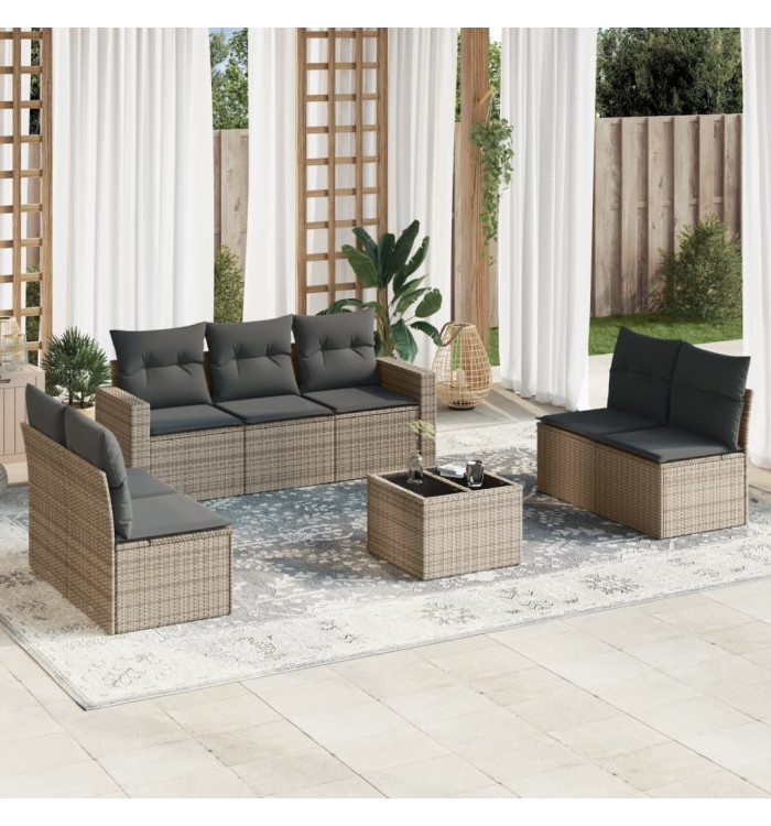 Salon de jardin 8 pcs avec coussins gris résine tressée | Mobilier & Déco
