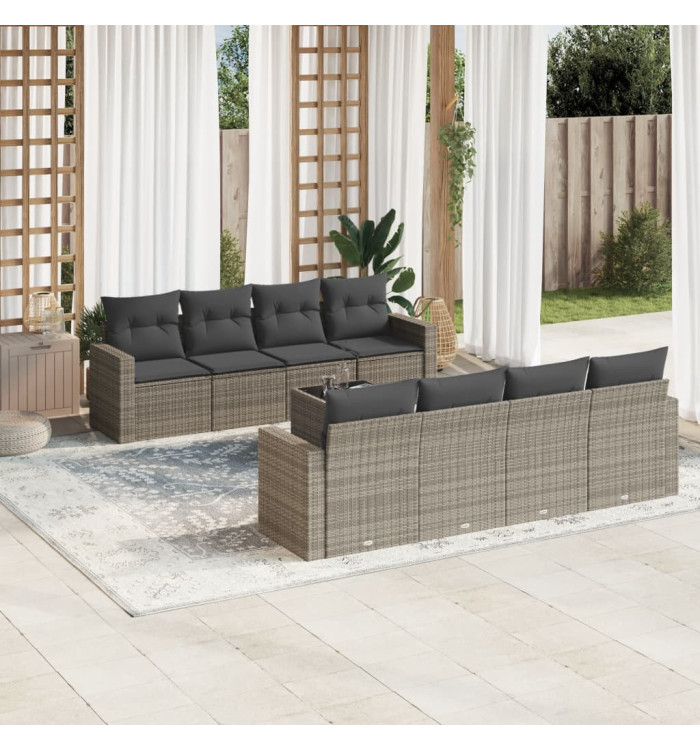 Salon de jardin 9 pcs avec coussins gris résine tressée | Mobilier & Déco