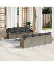 Salon de jardin 9 pcs avec coussins gris résine tressée | Mobilier & Déco