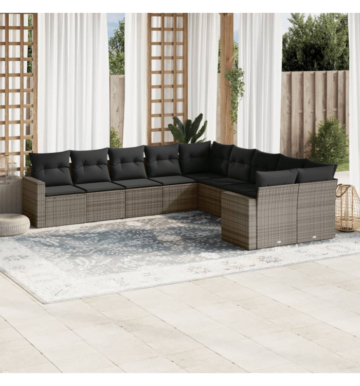 Salon de jardin avec coussins 10 pcs gris résine tressée | Mobilier & Déco
