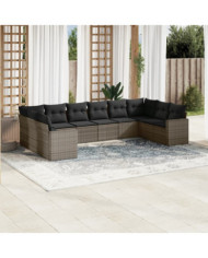 Salon de jardin avec coussins 10 pcs gris résine tressée | Mobilier & Déco