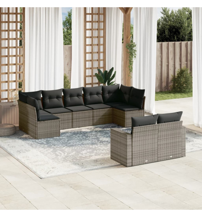 Salon de jardin 9 pcs avec coussins gris résine tressée | Mobilier & Déco