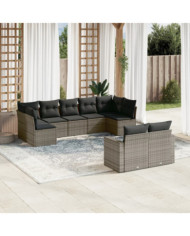 Salon de jardin 9 pcs avec coussins gris résine tressée | Mobilier & Déco