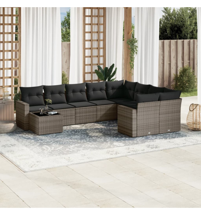 Salon de jardin avec coussins 10 pcs gris résine tressée | Mobilier & Déco