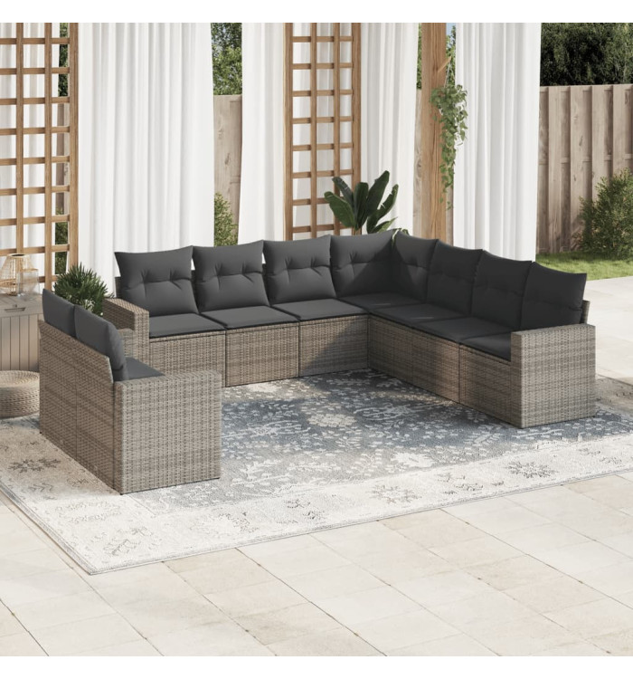 Salon de jardin 9 pcs avec coussins gris résine tressée | Mobilier & Déco