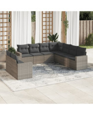 Salon de jardin 9 pcs avec coussins gris résine tressée | Mobilier & Déco