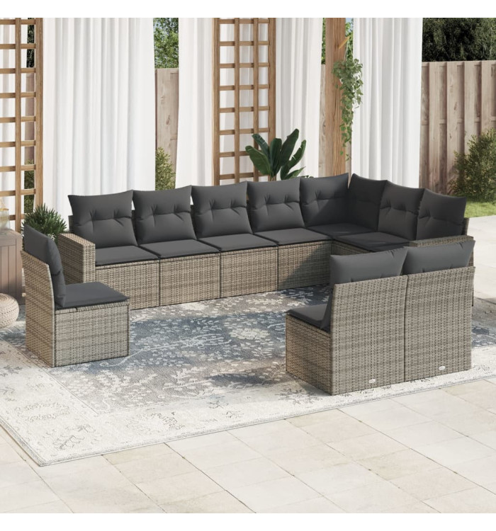 Salon de jardin avec coussins 10 pcs gris résine tressée | Mobilier & Déco
